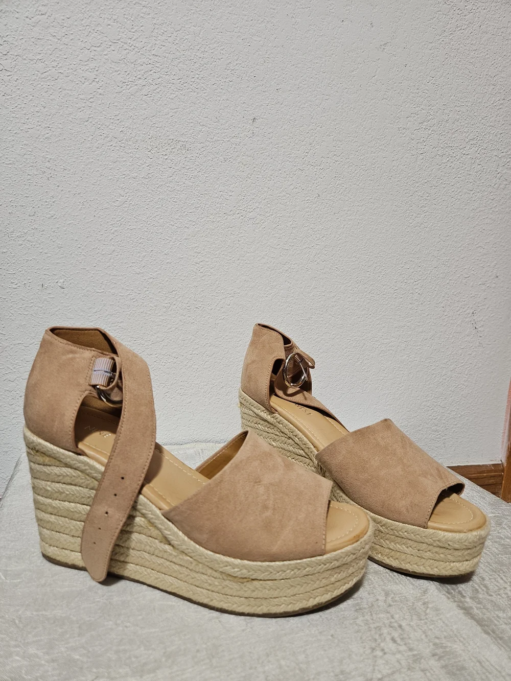 Nine West Tan Suede Espadrille Wedge Sandals with Ankle Wrap
